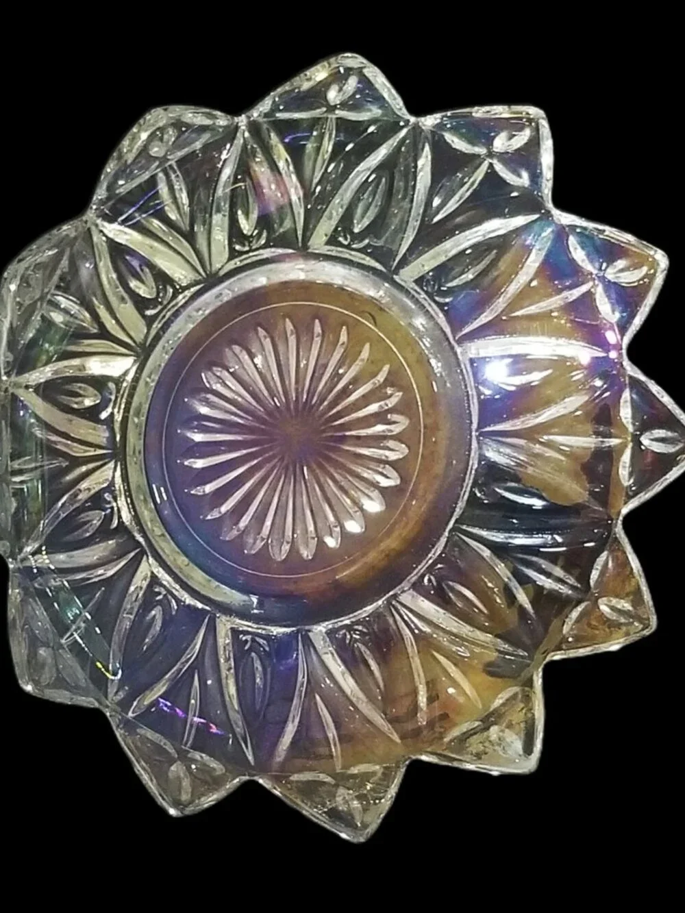 Vintage Federal Glass Petal Iridescent 10” Bowl Atomic Starburst MCM